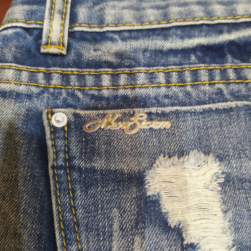 Jeans shorts decorated with beads, size S