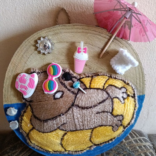 Capybara Summer Slice Handcrafted Wood and Textile Mixed Media Art new