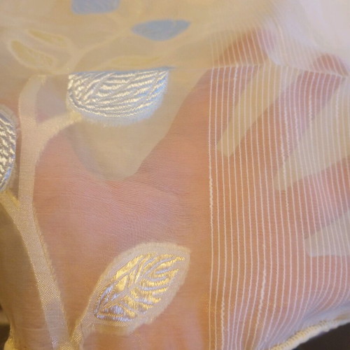 Vintage curtain used, ecru with blue and gold leaves