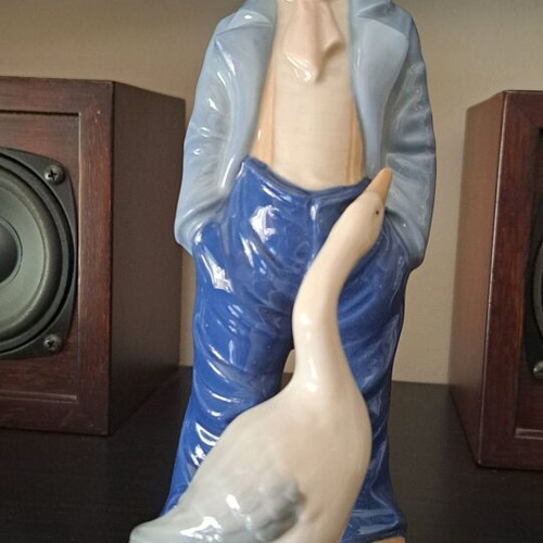 Vintage porcelain figurine boy with goose new, 25 cm