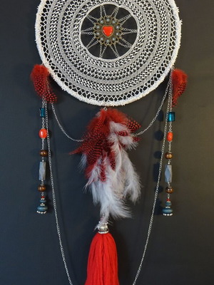 Handmade dreamcatcher new with lace, red heart and feathers