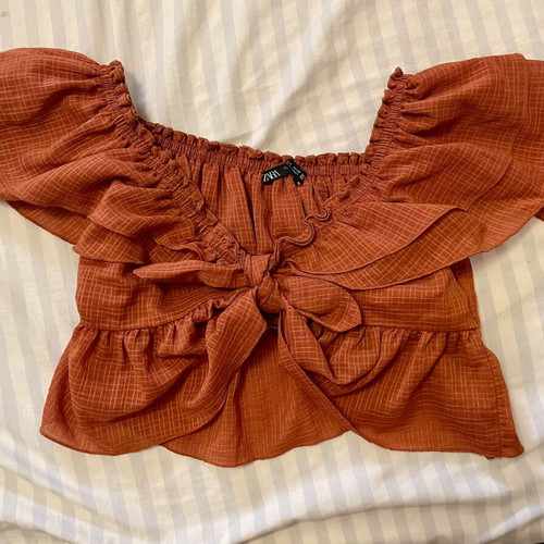 Zara Boho Crop Top with Ruffles and Front Tie, Size S, Like New, Orange