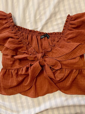 Zara Boho Crop Top with Ruffles and Front Tie, Size S, Like New, Orange