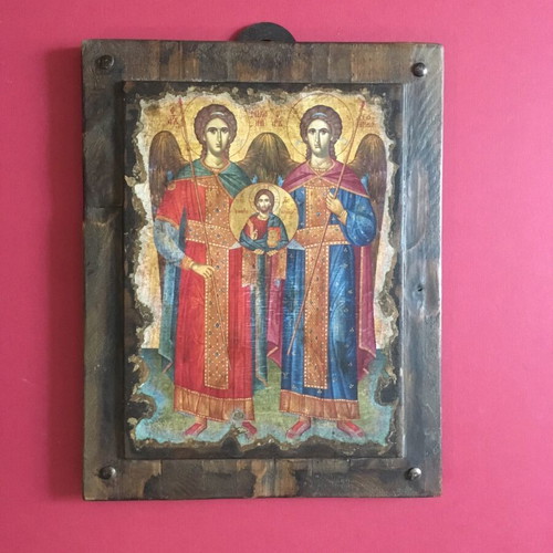 Religious icons used with Virgin Mary and Archangels Michael wooden