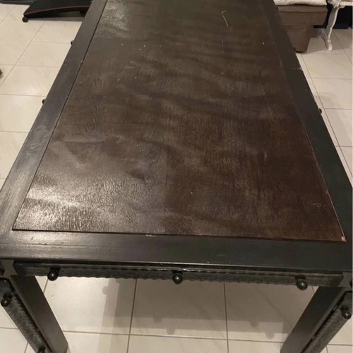 Desk with metal frame and wooden surface, handmade forged iron