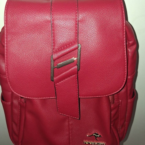 Women's red backpack with gold details