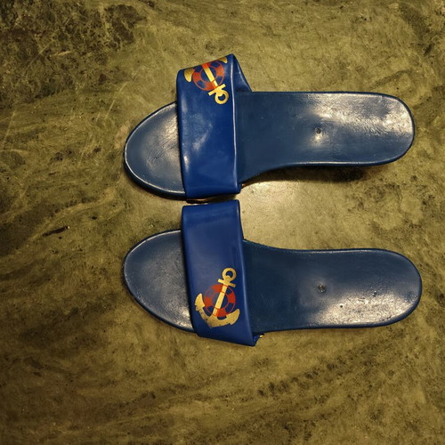 Retro children's wooden clogs used, blue nautical design 1970s