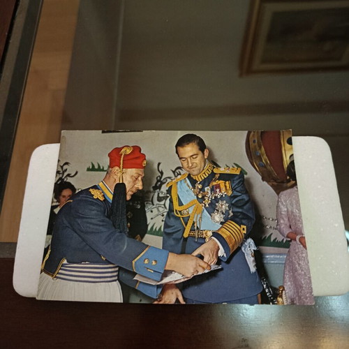 Collectible postcard of King Constantine with palace guard officer used