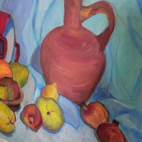 Oil painting authentic on canvas used, jug and fruits