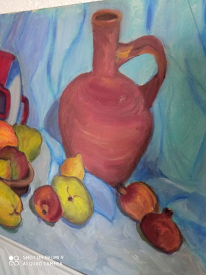 Oil painting authentic on canvas used, jug and fruits