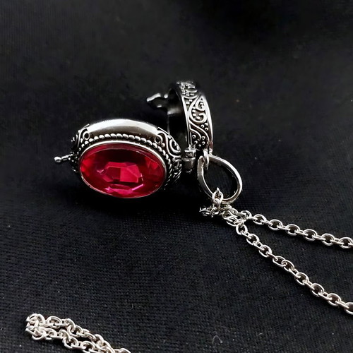 Gothic Locket Box Pendant with Red Crystal and Carved Branches, New