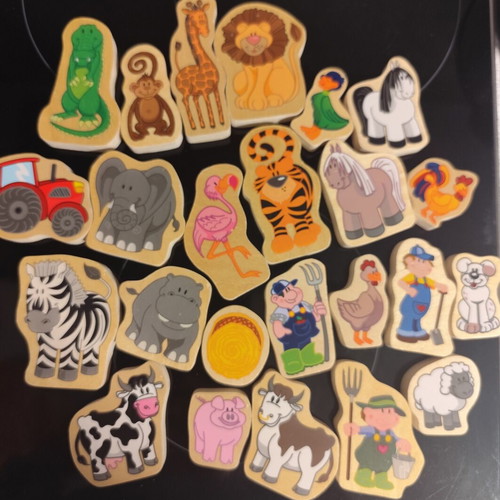 Wooden figures used, set of 24 animals and farmers