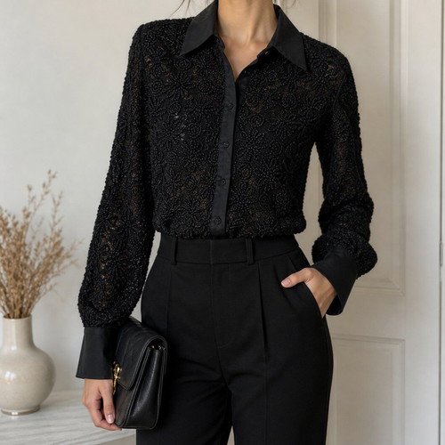 Zara Lace Shirt with Embroidery New, Black XS