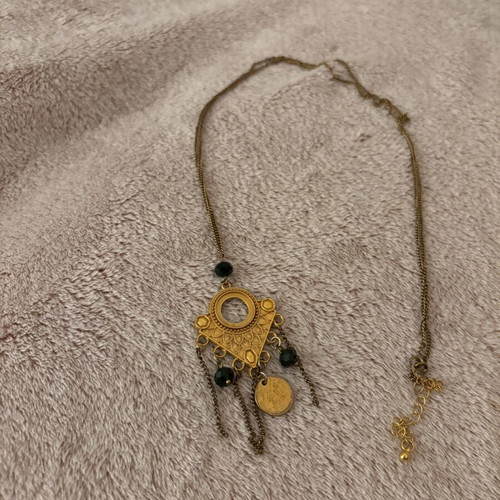 Boho Ethnic Long Necklace with Gold Pendant, Coin & Black Beads