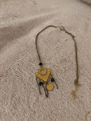 Boho Ethnic Long Necklace with Gold Pendant, Coin & Black Beads