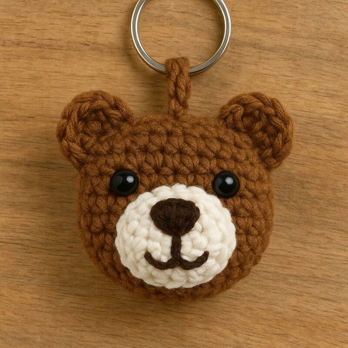 Handmade knitted teddy bear keychain new, white and brown