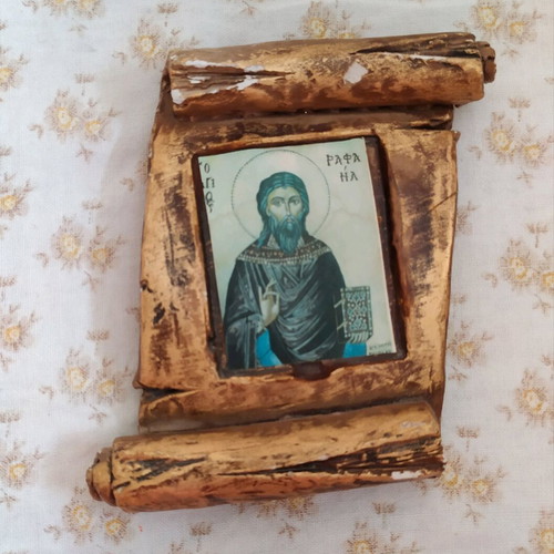 Religious image Saint Raphael clay like new, 10x8 cm