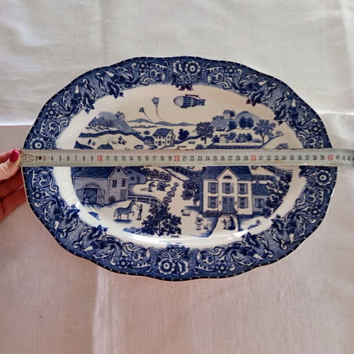 Oval serving platter used, blue and white porcelain Made in Japan