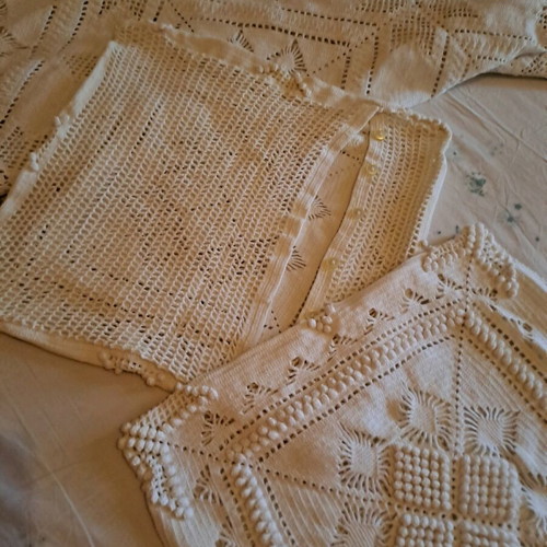 Handmade double bed blanket with two pillowcases, white crochet