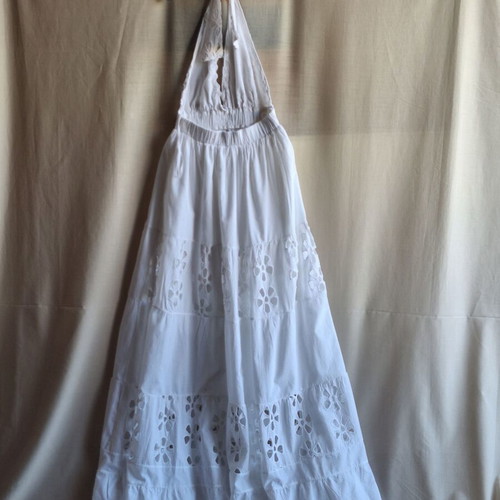 On Line Small White Maxi Dress Broderie Anglaise Boho Halterneck