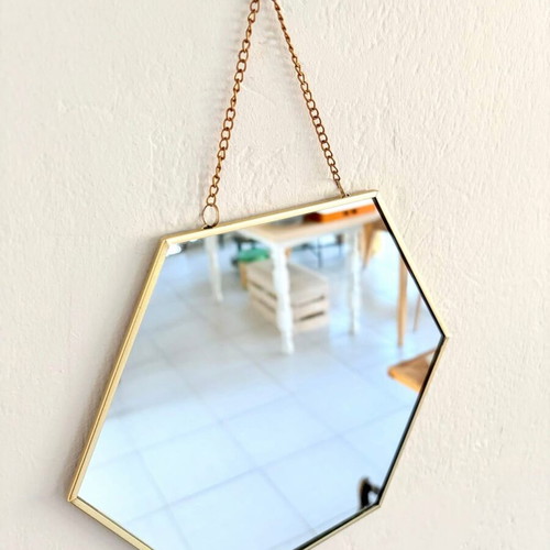 Hexagonal mirror with gold frame and chain new