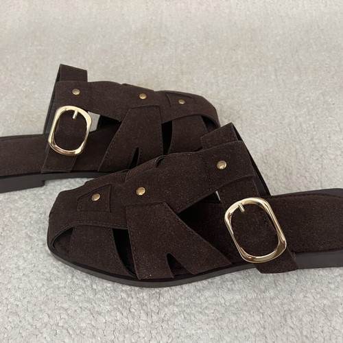 Fisherman brown flat sandals new, eco suede, gold buckle