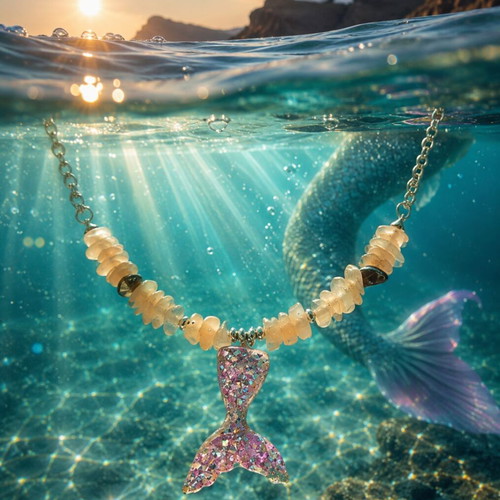 Handmade Necklace with pink quartz, hematite, shell, stainless steel silver chain, mermaid tail