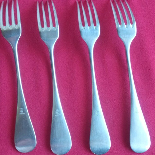 Gombault antique forks used, set of 4, silver alloy 1890