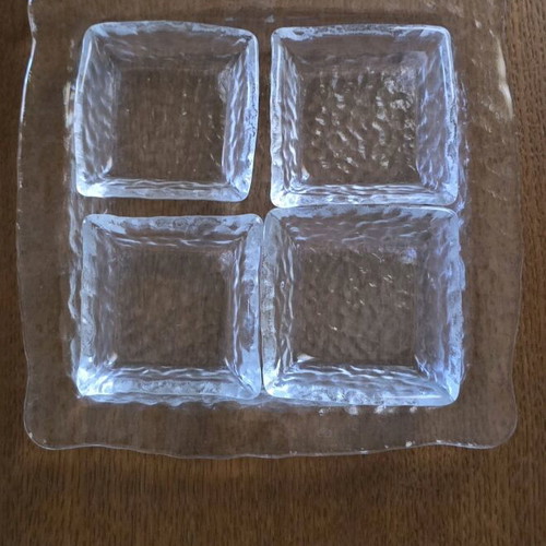 Glass serving platter for nuts like new 23×23 with 4 small dishes
