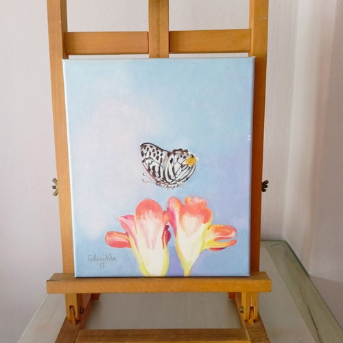 Oil painting "Butterfly and flowers on blue" new, canvas 0.25x0.30m