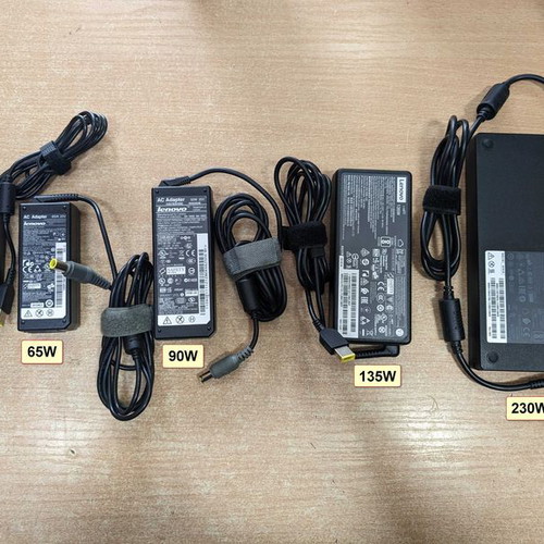Original Lenovo chargers used, 45W, 65W, 90W, 135W, 230W