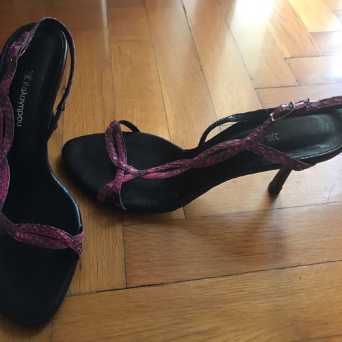 Kalogirou high sandals refurbished, black-pink fake snake skin, size 38.5