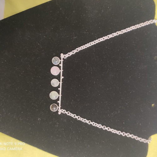 Silver Necklace with Exclusive Moss Prehnite Fiery Labradorite Chain 45 cm New
