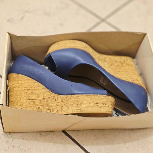 Elite platform wedge sandals, blue and beige, size 37, genuine leather