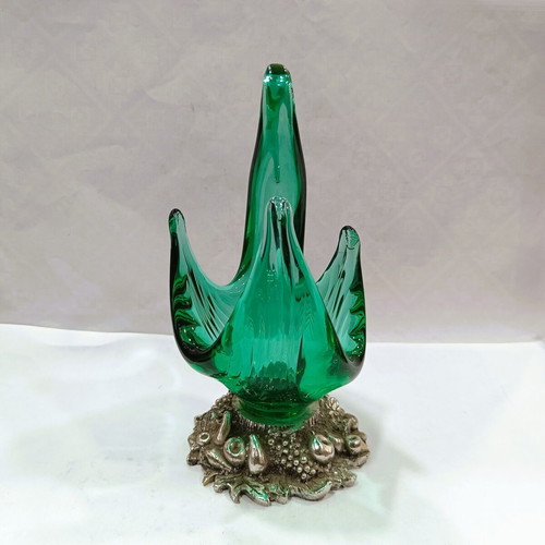 Vintage glass decorative bowl green swan like new