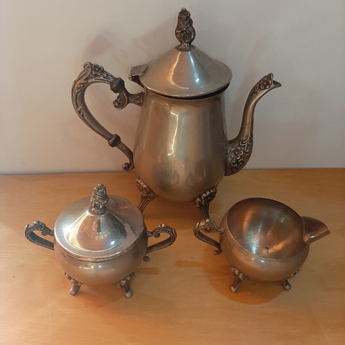 Vintage silver-plated tea set used, 3 pieces with carved details