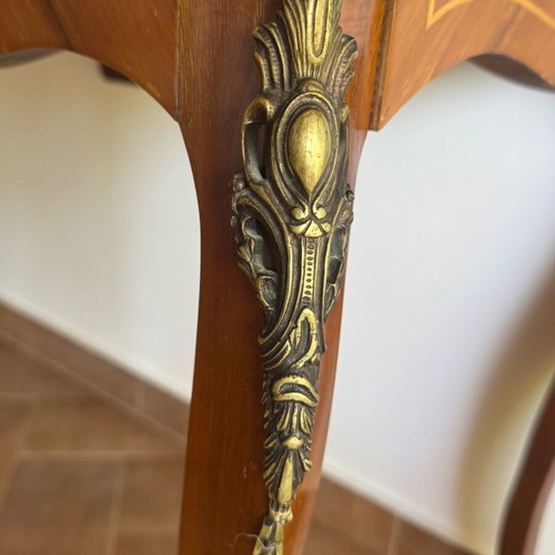 Antique walnut console table with brass and marquetry