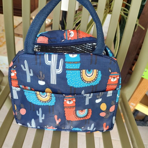 Lunch bag with llama and cactus design, blue