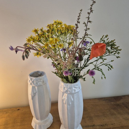 Art Deco White Enameled Cast Iron Cemetery Vases, Pair