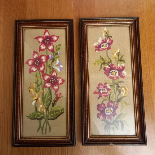 Vintage embroidery framed pictures used, set of 2 pieces