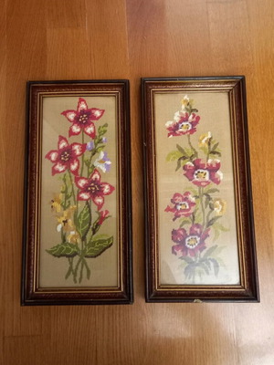 Vintage embroidery framed pictures used, set of 2 pieces