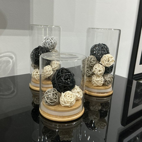 Set of 3 glass decorative vases with rattan balls like new
