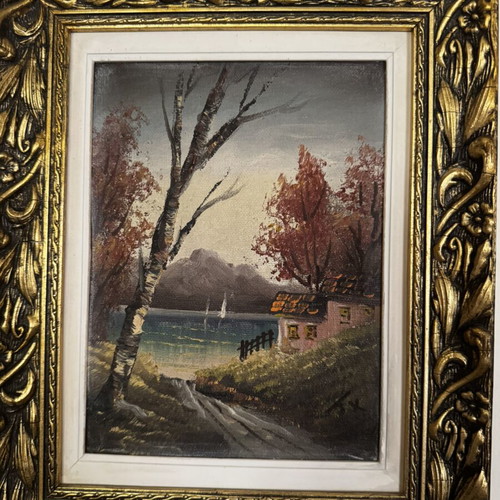 Signed landscape painting with antique double frame, like new