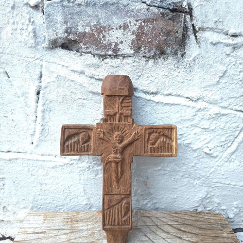 Handmade Acacia Wood Cross like new with Jesus Christ carving