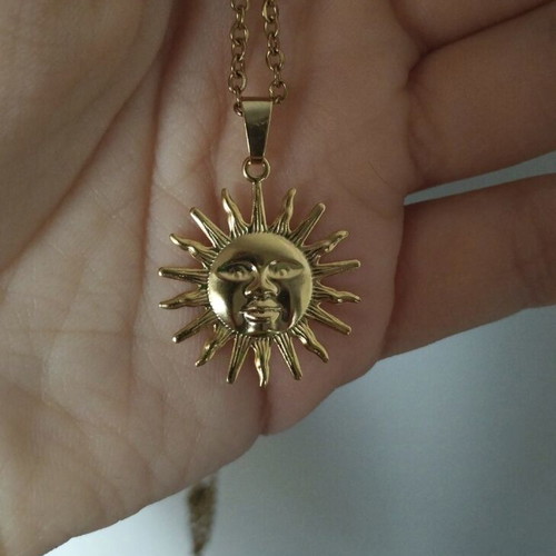 Handmade steel necklace with gold-plated sun pendant unisex new