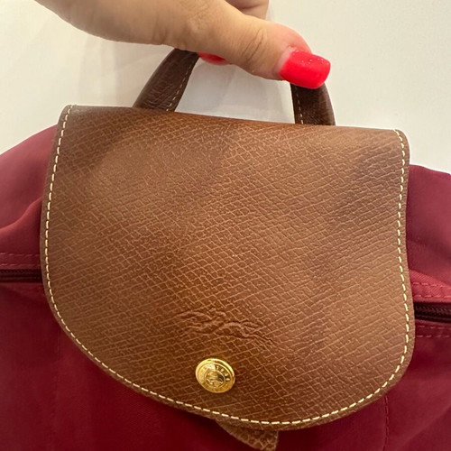 Longchamp backpack used, bordeaux red with brown adjustable straps