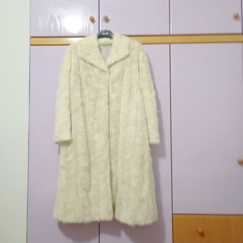 Mink fur coat in off-white and light gray, slightly worn