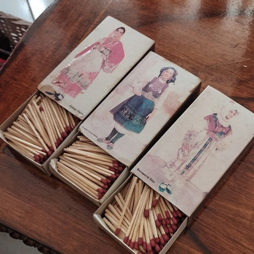 Vintage collectible matchboxes used with traditional Greek costumes