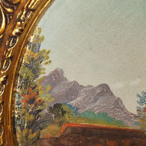 Oval vintage painting on canvas with golden frame used