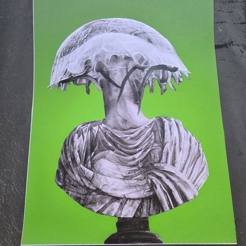 Surreal Artwork Medusa Pencil Drawing on Green Background like new
